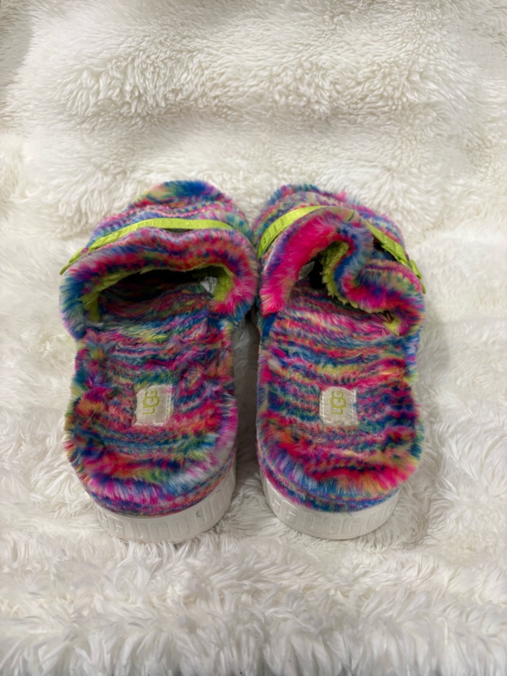 UGG Neon Multi Faux Fur Slide with Lime Strap - Picture 7 of 10
